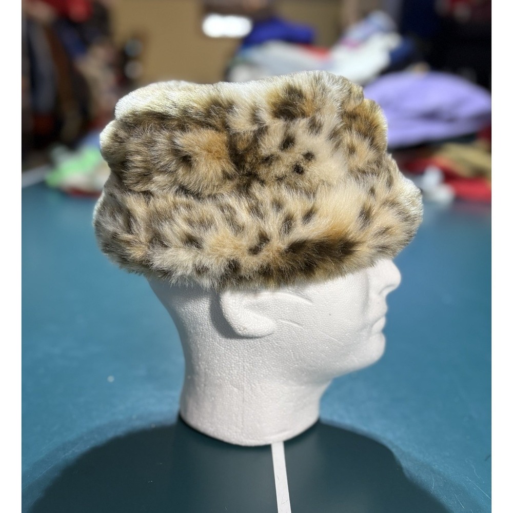 Vintage Leopard Print Faux Fur Bucket Hat‎ Brown Black Beige Women's One Size - Picture 2 of 7